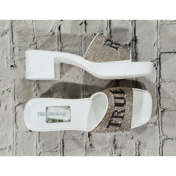 True Religion Bling Silver White Stoned Sandals Block Heels WOMENS SIZE 9 - Picture 5 of 8